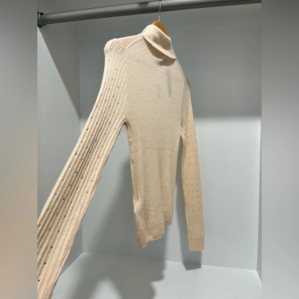 J Crew Featherweight cashmere turtleneck sweater with rhinestones Buttercream S